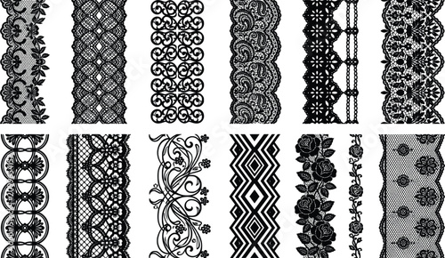 Collection of black lace trim patterns with intricate floral and geometric designs isolated on white background