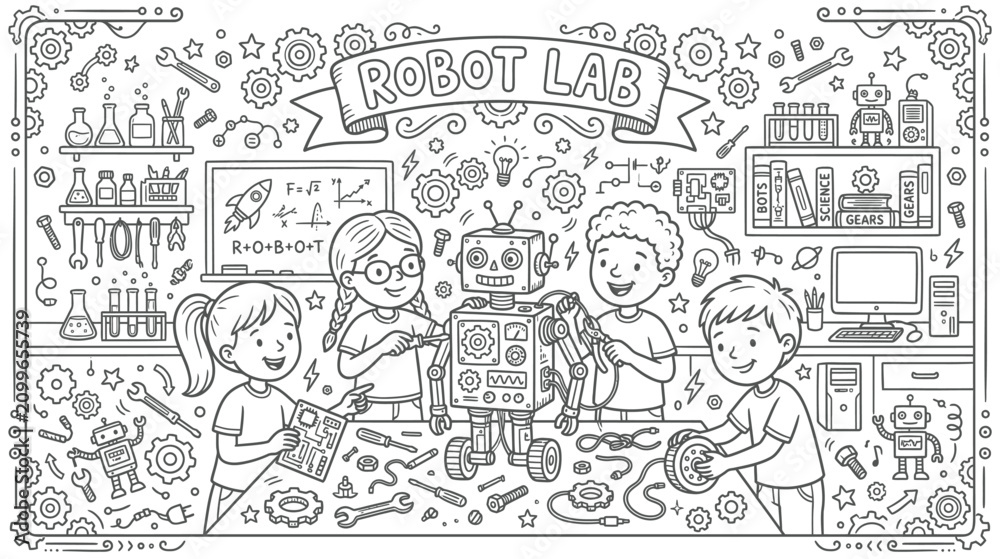 Fototapeta premium Children in a Robot Lab Explore Science and Technology Together for Learning.