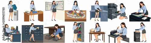 Businesswoman Office Assistant Character Set performing Administrative Tasks and Clerical Duties