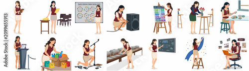 Set of Female Event Planner and Coordinator Characters Managing Various Corporate Event Tasks