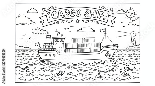 Canvas Print Illustration of a cargo ship sailing across the ocean with container stacks and waves in a line art style