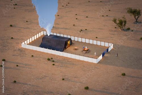 3d rendering illustration of Bible sanctuary in the wilderness, Old Testament scripture, structure of tabernacle, as described in the book of the Exodus.