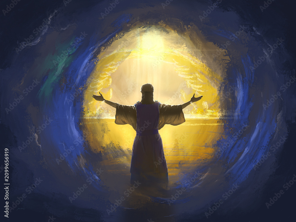 Fototapeta premium Depiction of Jesus the Intercessor, the Son of man and High Priest, ministering in the heavenly sanctuary according to Hebrews, New Testament religious illustration imagery. Ark of the covenant.