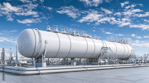 Large horizontal industrial storage tank with piping and valves under a blue sky