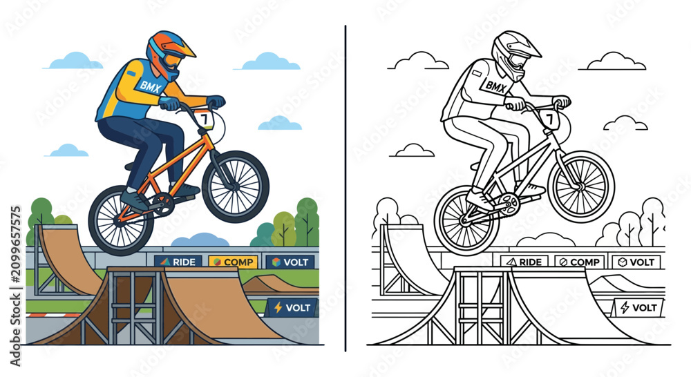 Obraz premium BMX Rider Performing Trick on Ramp, Action Sports, Vibrant Colors vs Line Art