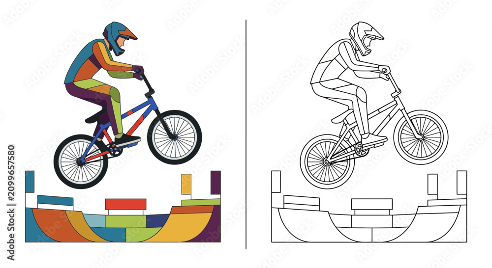 Obraz premium Colorful BMX rider jumping on ramp, line art version included