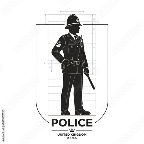 British Police Officer Silhouette Blueprint Emblem