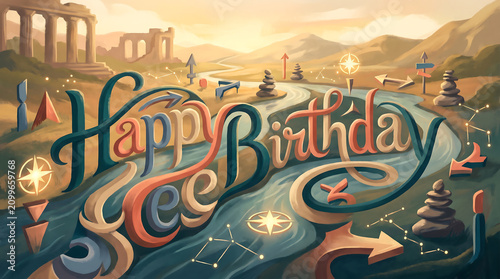 An artistic 'Happy Birthday' message forms a river in an ancient landscape. Ample copy space makes it perfect for advertising or sharing news, symbolizing a life's journey.