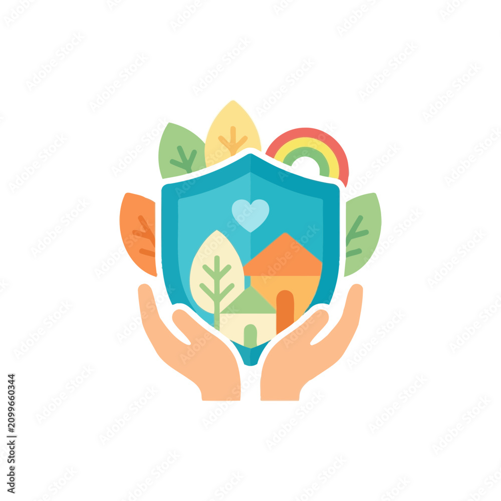 Obraz premium Hands Protecting Shield with Houses, Leaves and Rainbow - Safety and Care Concept