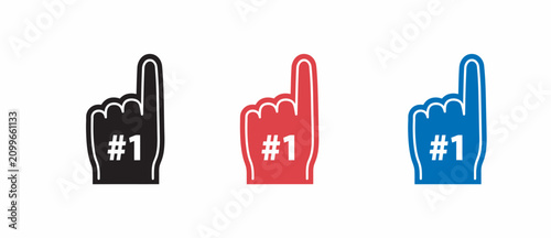 Three colorful foam finger signs representing number one for sports fan and victory celebration