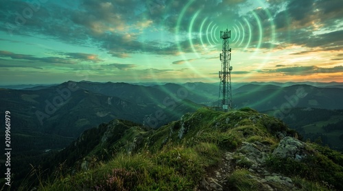 Scenic Mountain Landscape with Telecom Tower and Wireless Signal Waves