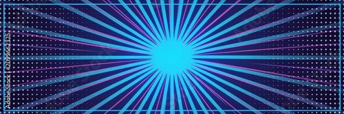 Abstract background with bright blue and purple comic book style radial sunburst lines and halftone dots