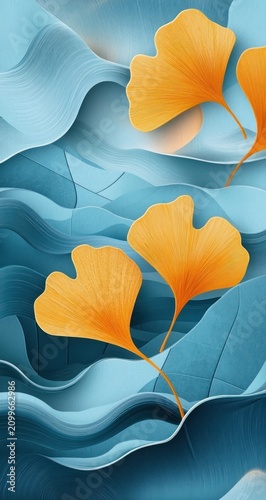 Ginkgo Leaves on Wavy Blue Surface.