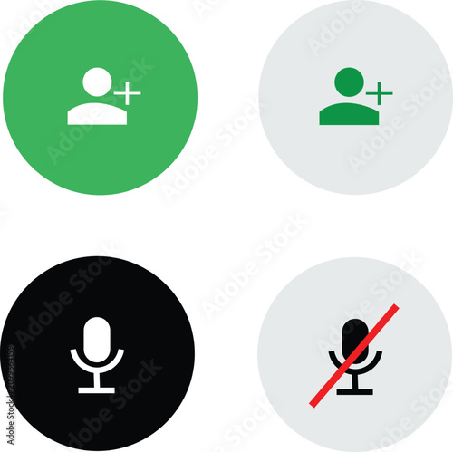 Set of communication icons including add user and microphone mute symbols in circle buttons for application interface design