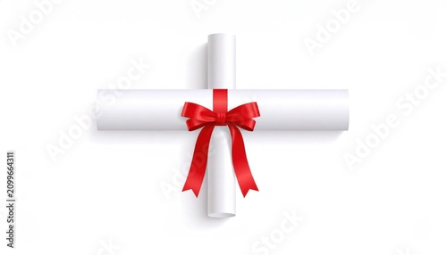 Horizontal white rolled diploma scroll with red ribbon.