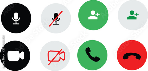 Set of Digital Communication Icons Featuring Voice and Video Call Controls with Mute Functions and Connection Options for Interface Design