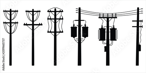 Assortment of electricity poles with transformers and wires in silhouette power line utility pole