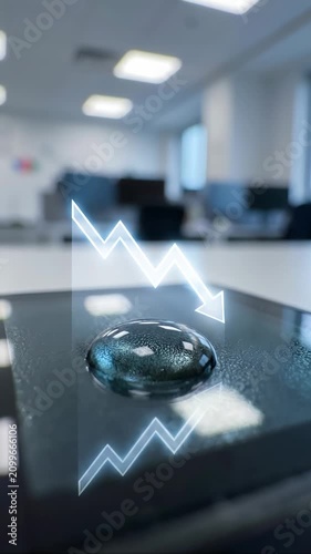 Digital identity data security office desk glass drop reflection chart decline arrow technology concept business finance market trend