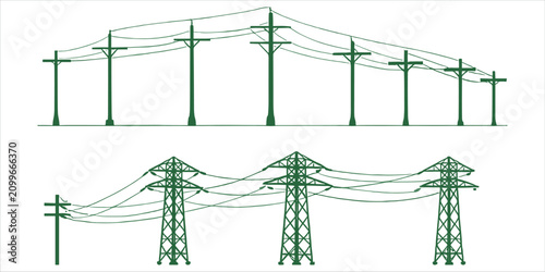 Canvastavla Overhead power lines and transmission towers with green silhouette electricity p