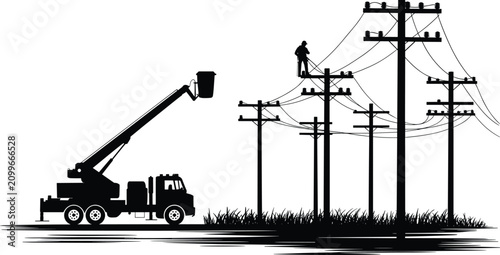 Silhouette of lineman working on power lines from a bucket truck in grassy field electricity utility worker