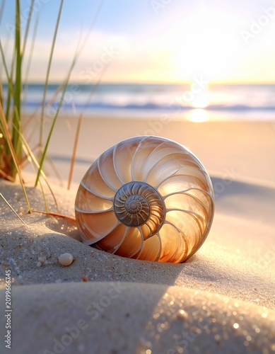 Detailed nautilus shell resting on soft white sand at the seaside during a warm golden hour sunset