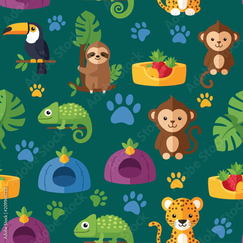 Seamless pattern featuring cartoon jungle animals like monkeys, sloths, leopards, chameleons, and toucans with tropical monstera leaves and pet supplies on a dark green background.