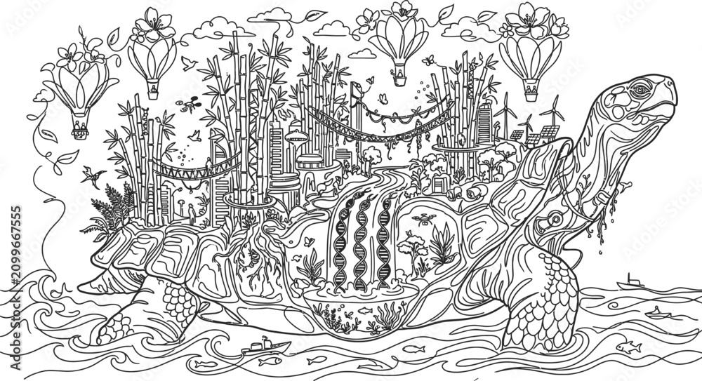Obraz premium Giant turtle carrying a fantasy city on its back. Surreal illustration of a mythical creature.