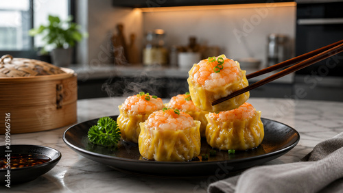 Shrimp Shumai with Mentai Sauce Served with Chopsticks in a Modern Home Kitchen