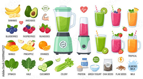 Blender with various fruits and vegetables making smoothies at home kitchen