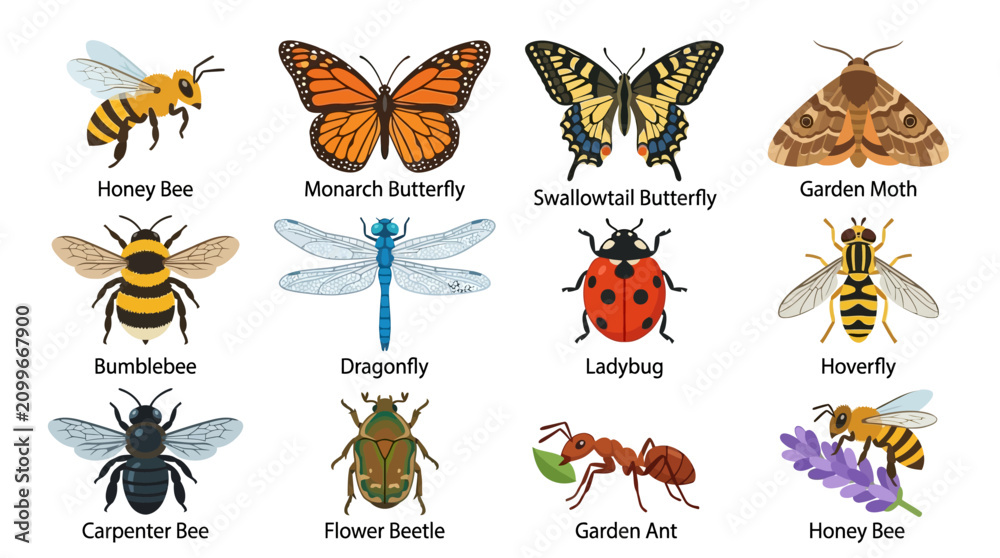 Obraz premium Insects and butterflies are gathered on flowers and leaves in a garden.