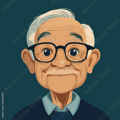 A cheerful senior man with glasses, showcasing wisdom and warmth in a vibrant, illustrated style