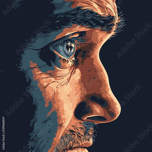 A close-up of a man's expressive face, revealing deep emotions and a reflective gaze against a dark background.