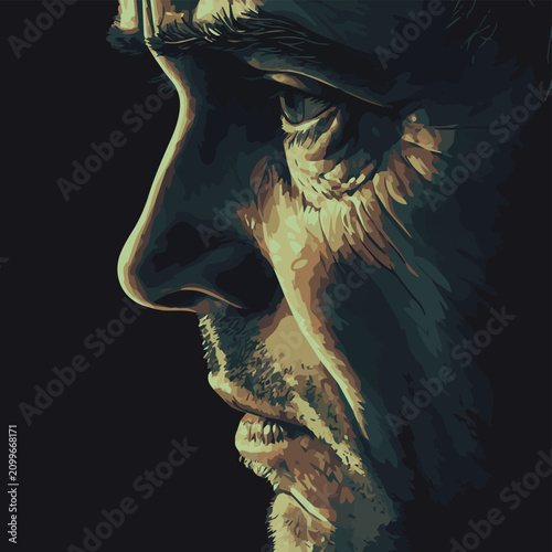 A close-up portrait of a contemplative man, showcasing deep emotion and thoughtfulness in a dramatic light.