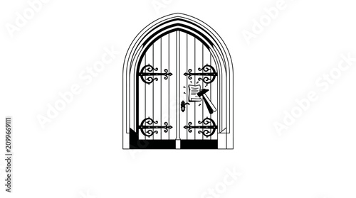 A black and white line art illustration of a gothic arched double door.