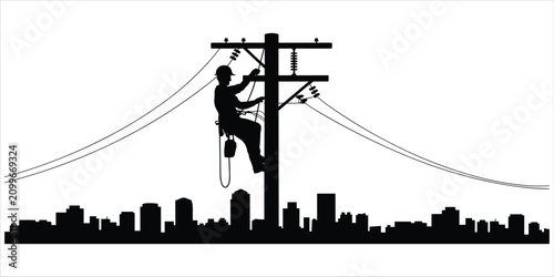 Silhouette of lineman on power pole above city skyline Keywords: lineman, silhouette, power pole, electricity, utility worker