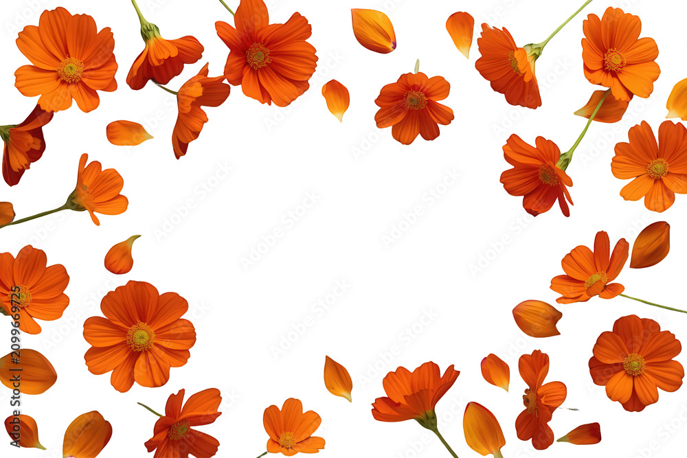 Fototapeta premium Vibrant orange cosmos flowers and petals forming a decorative frame, blooming botanical border on transparent background