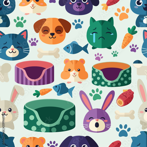 Seamless vector pattern featuring cartoon domestic pet faces like dogs, cats, rabbits, hamsters with pet beds, bones, fish, carrots, and paw print icons on a light colored background.
