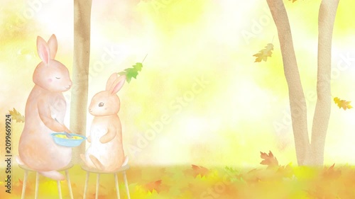 落ち葉が舞う森で子供に食事を食べさせるうさぎの親のループアニメーション。水彩画を使用した美しい4kビデオ。
