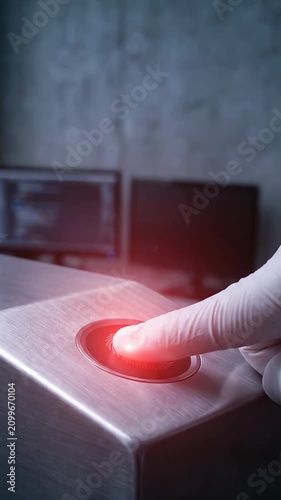 Digital identity fingerprint security access control biometric scanner on metal door with gloved finger red arrow for authentication and safe access