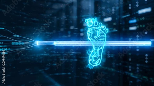 Digital identity footprint biometric circuit trace data stream network security with biometric scan dark data center and cyber footprint signal byte