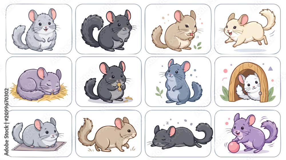Fototapeta premium Cute cartoon chinchilla stickers set with various poses and colors