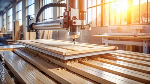 Realistic image of woodworking machine cuts wood panel lumber