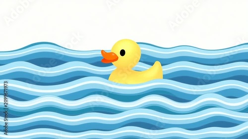 Yellow Rubber Duck on Blue and White Striped Waves.