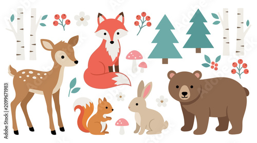 Cute woodland animals vector set with fox, deer, bear, rabbit, squirrel, and forest nature elements for kids designs