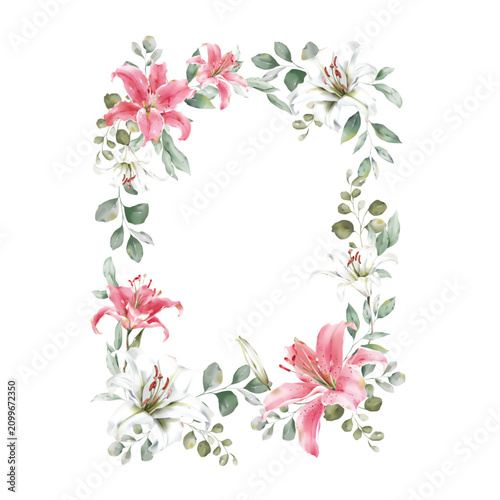 Minimalist watercolor illustration of elegant rectangular frame featuring lil...