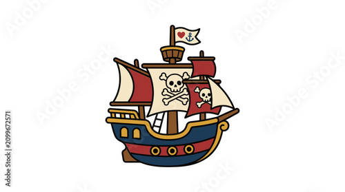 Foto Cartoon Pirate Ship with Jolly Roger Flags and Heart Anchor