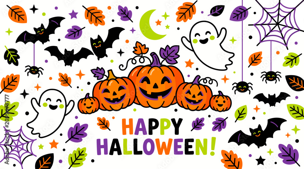 Fototapeta premium Happy Halloween vector illustration with cute smiling pumpkins, ghosts, bats, spiders, and autumn leaves on a white background, perfect for festive seasonal holiday greeting cards and party decoration