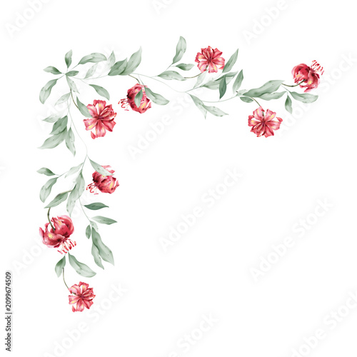 Minimalist watercolor illustration top-left corner frame of red Lilium chalce...