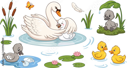 Photography Ugly duckling fairytale vector set featuring mother swan cute ducklings cygnets