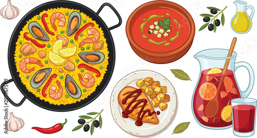 Foto Spanish cuisine food vector illustration set with seafood paella pan, tomato gaz
